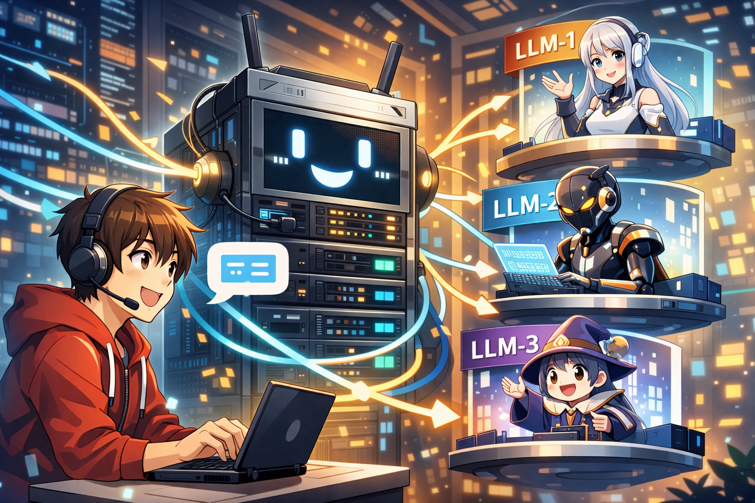 Server routing LLM messages to different LLMs